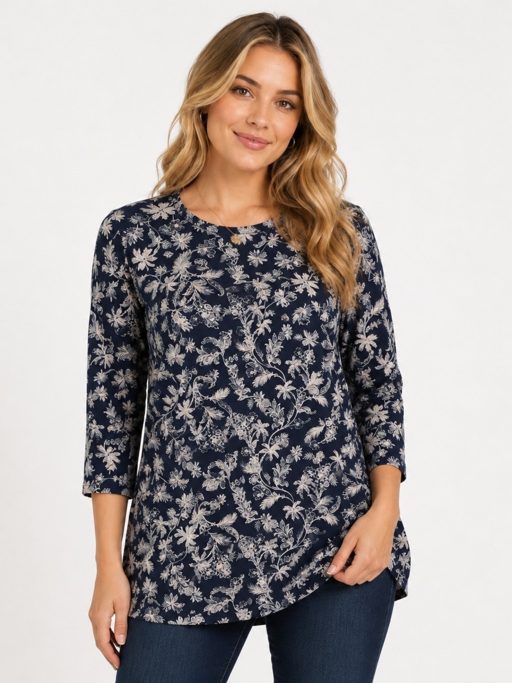 J. Jill Navy and Cream Flora Botanical Tunic Supima Cotton - Picture 1 of 4